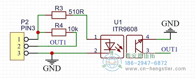 ITR9608是一種常見(jiàn)的對(duì)射式光電開(kāi)關(guān)，加兩個(gè)電阻就可以使用了，設(shè)計(jì)了簡(jiǎn)單的原理圖